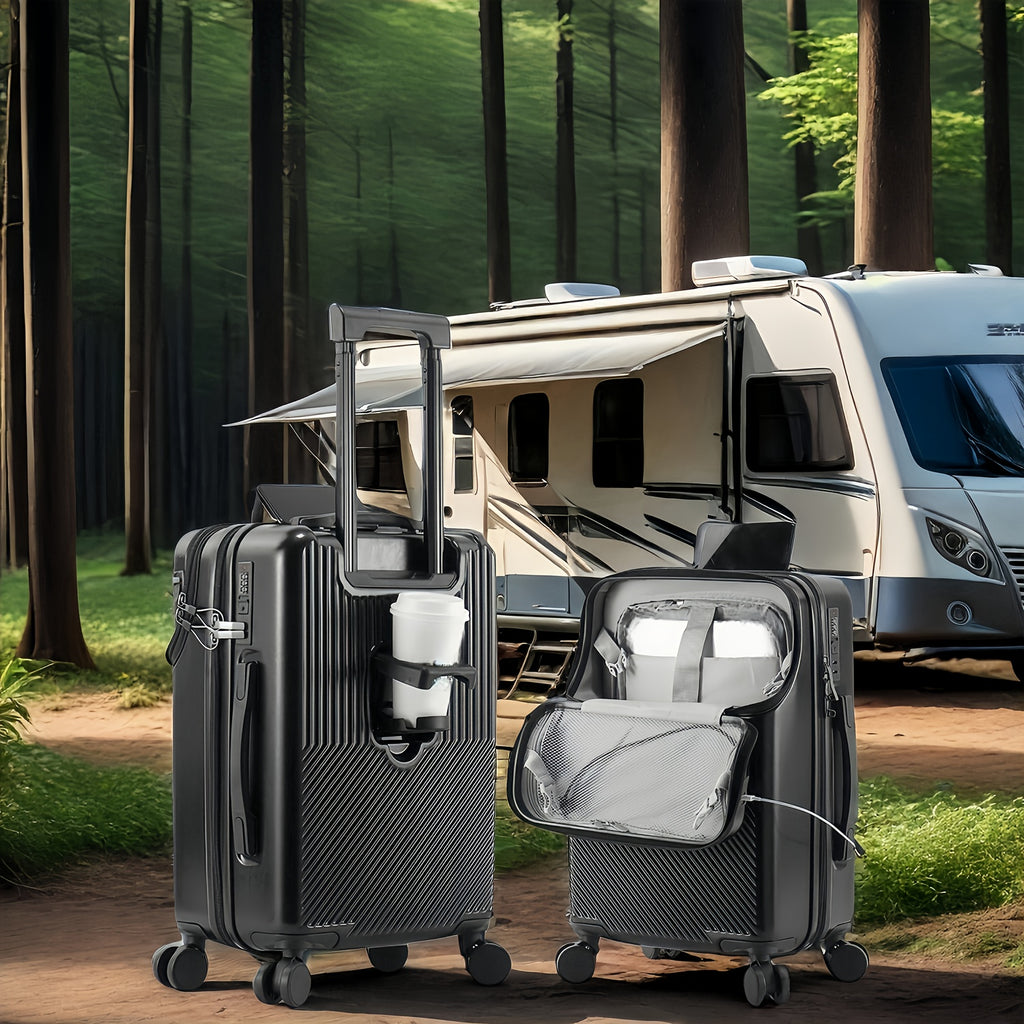 1pc 20/22/24/26 Inch Carry On Front Open Luggage, ABS+PC Suitcase, Travel Functional Boarding Case With Double Spinner Wheels, Lightweight Rolling Luggage With TSA Lock, Easy Maneuverability For Stress-Free Travel Experience