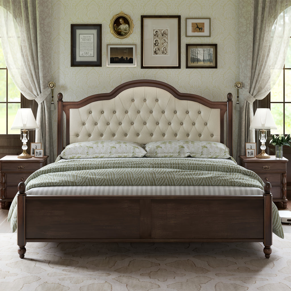 Queen Size Bed Frame Made of Solid Wood, Elegant Platform Bed Featuring a 52.5" Upholstered and Tufted Headboard, Perfect for Transitional Style Bedrooms