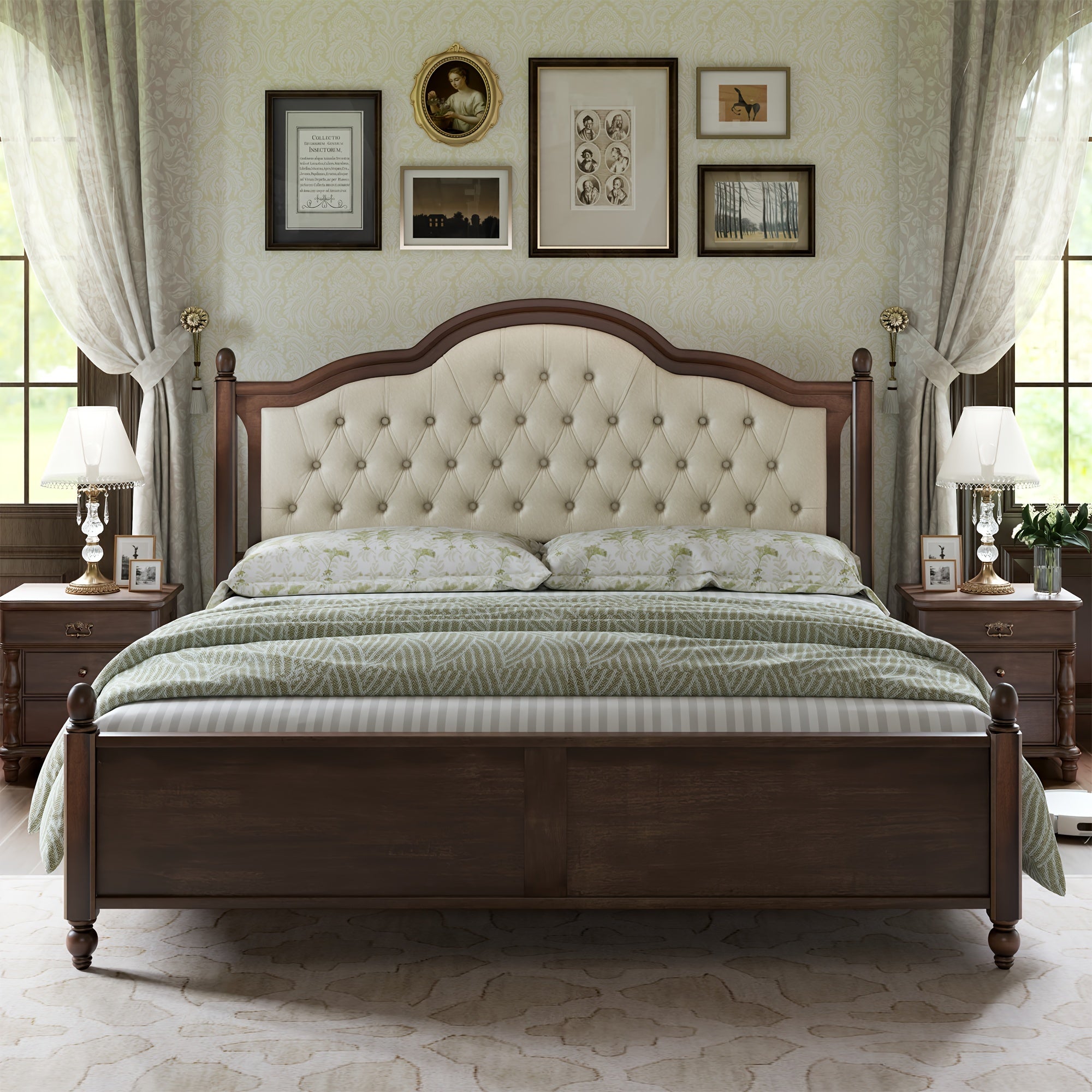 Queen Size Bed Frame Made of Solid Wood, Elegant Platform Bed Featuring a 52.5" Upholstered and Tufted Headboard, Perfect for Transitional Style Bedrooms