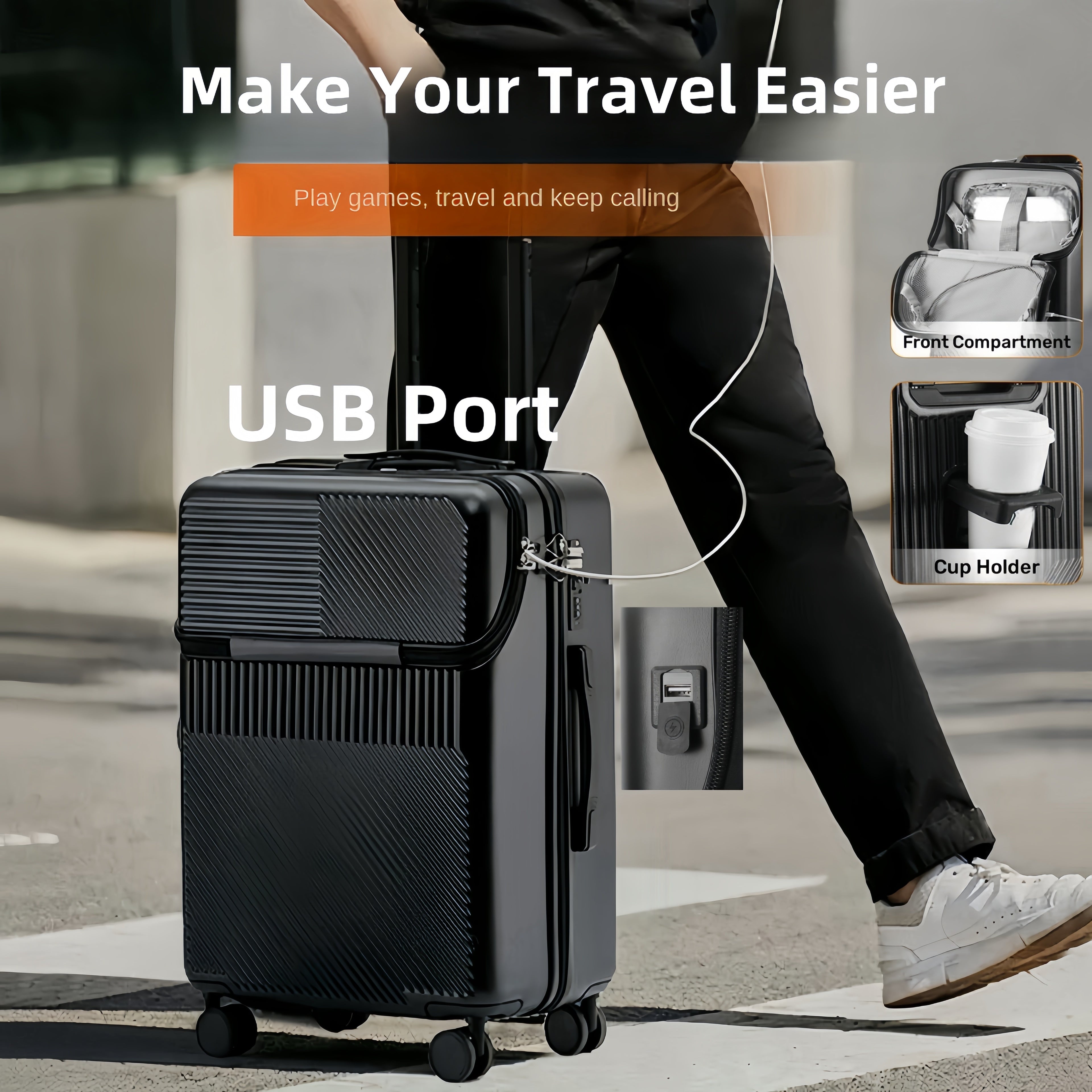 1pc 20/22/24/26 Inch Carry On Front Open Luggage, ABS+PC Suitcase, Travel Functional Boarding Case With Double Spinner Wheels, Lightweight Rolling Luggage With TSA Lock, Easy Maneuverability For Stress-Free Travel Experience