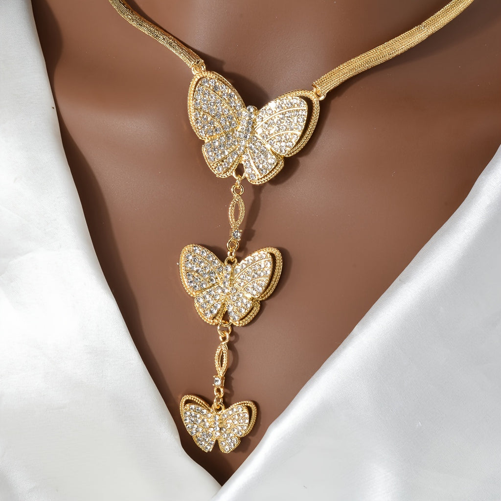 1-Set Exquisite Copper Golden Butterfly Jewelry Set for Women - Necklace, Bangle, Ring, Earrings with Pendant - Perfect Gift for Wedding, Party, Birthday, Anniversary, and Daily Wear