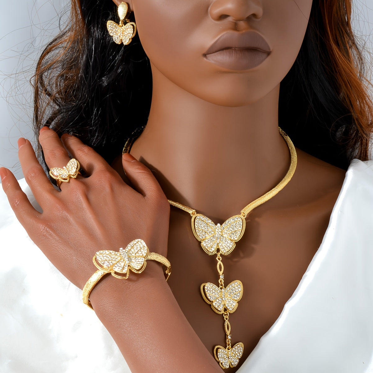 1-Set Exquisite Copper Golden Butterfly Jewelry Set for Women - Necklace, Bangle, Ring, Earrings with Pendant - Perfect Gift for Wedding, Party, Birthday, Anniversary, and Daily Wear