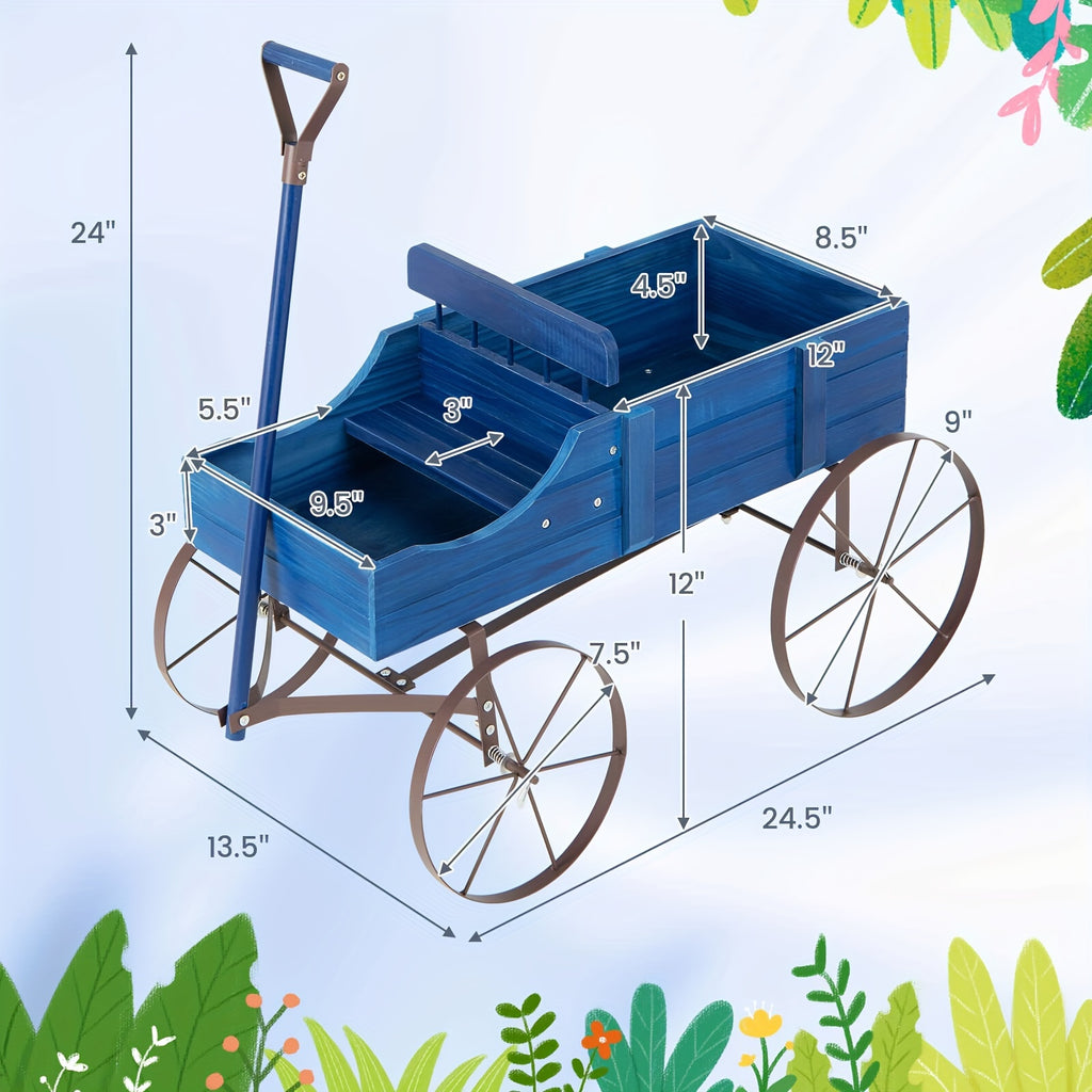 COSTWAY Blue Wooden Garden Planter Wagon with Metal Wheels – Sturdy Fir Wood Flower Bed with Dual Planting Areas, Decorative Handles, and User Guide for Patio, Yard, or Balcony, Balcony Plant Bed | Plant Cultivation Tool |