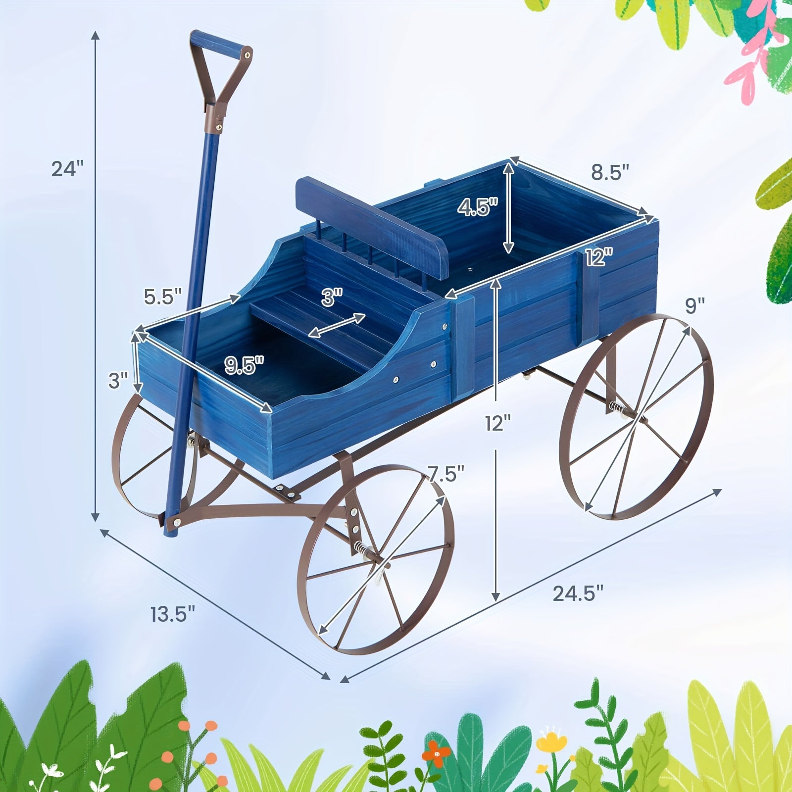 COSTWAY Blue Wooden Garden Planter Wagon with Metal Wheels – Sturdy Fir Wood Flower Bed with Dual Planting Areas, Decorative Handles, and User Guide for Patio, Yard, or Balcony, Balcony Plant Bed | Plant Cultivation Tool |