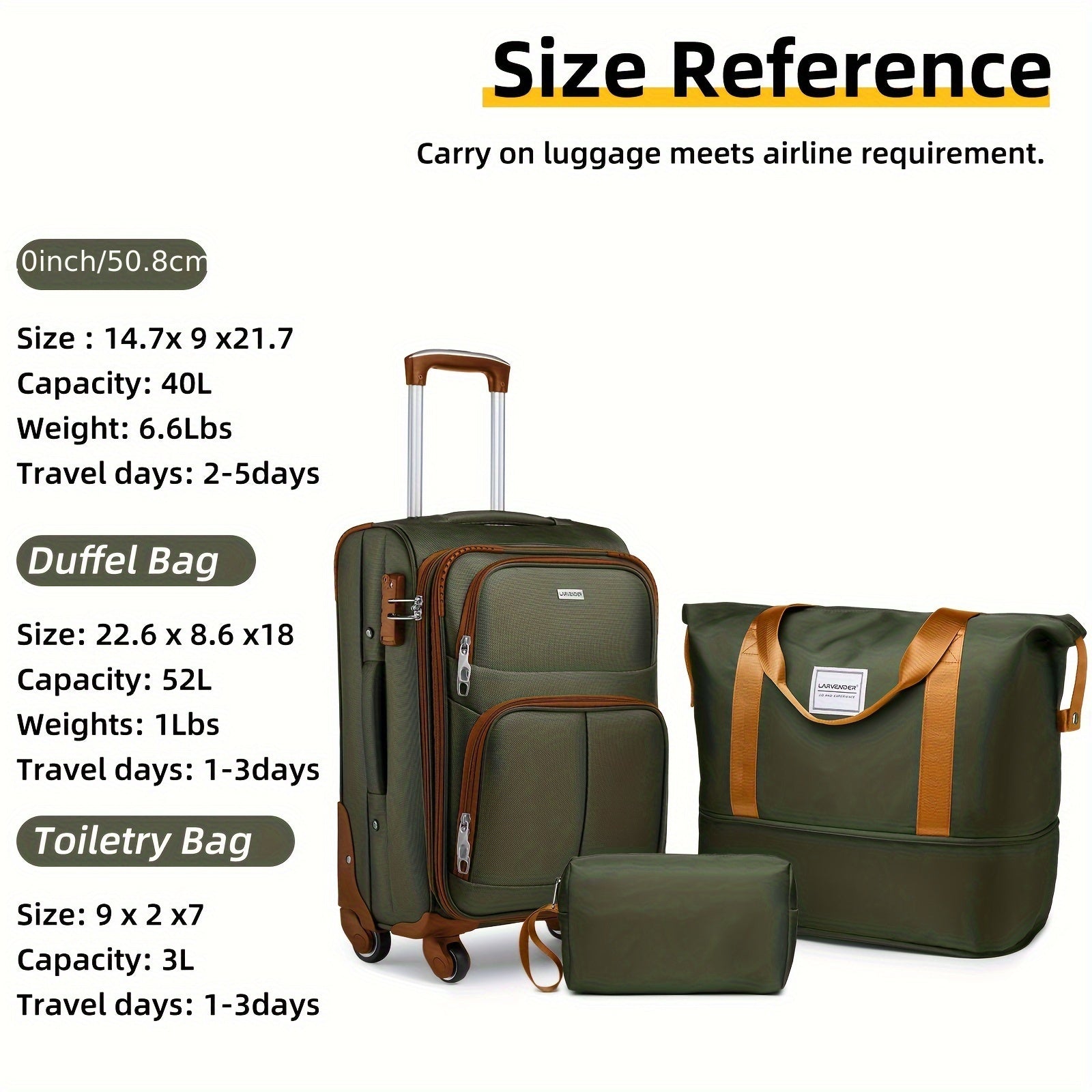 Soft Edge Luggage Set Of 3 Pieces, Expandable 20 Inch Carry On Luggage 22x14x9, Approved By The Airline, With TSA Lock Wheels, Lightweight Rolling Luggage For Men And Women, Green/brown