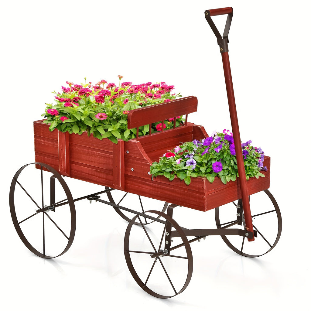 COSTWAY Blue Wooden Garden Planter Wagon with Metal Wheels – Sturdy Fir Wood Flower Bed with Dual Planting Areas, Decorative Handles, and User Guide for Patio, Yard, or Balcony, Balcony Plant Bed | Plant Cultivation Tool |