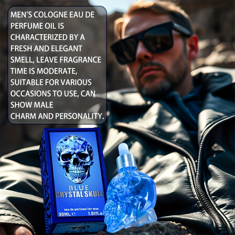 Blue Skull Men’s Cologne - 30ml/1.01fl.oz, Long-Lasting Woody Scent, Alcohol-Free Perfume Oil, Portable & Stylish Design for Business Trips or Everyday Use, Business Trip Cologne | Unique Cologne Bottle | Longlasting Scent