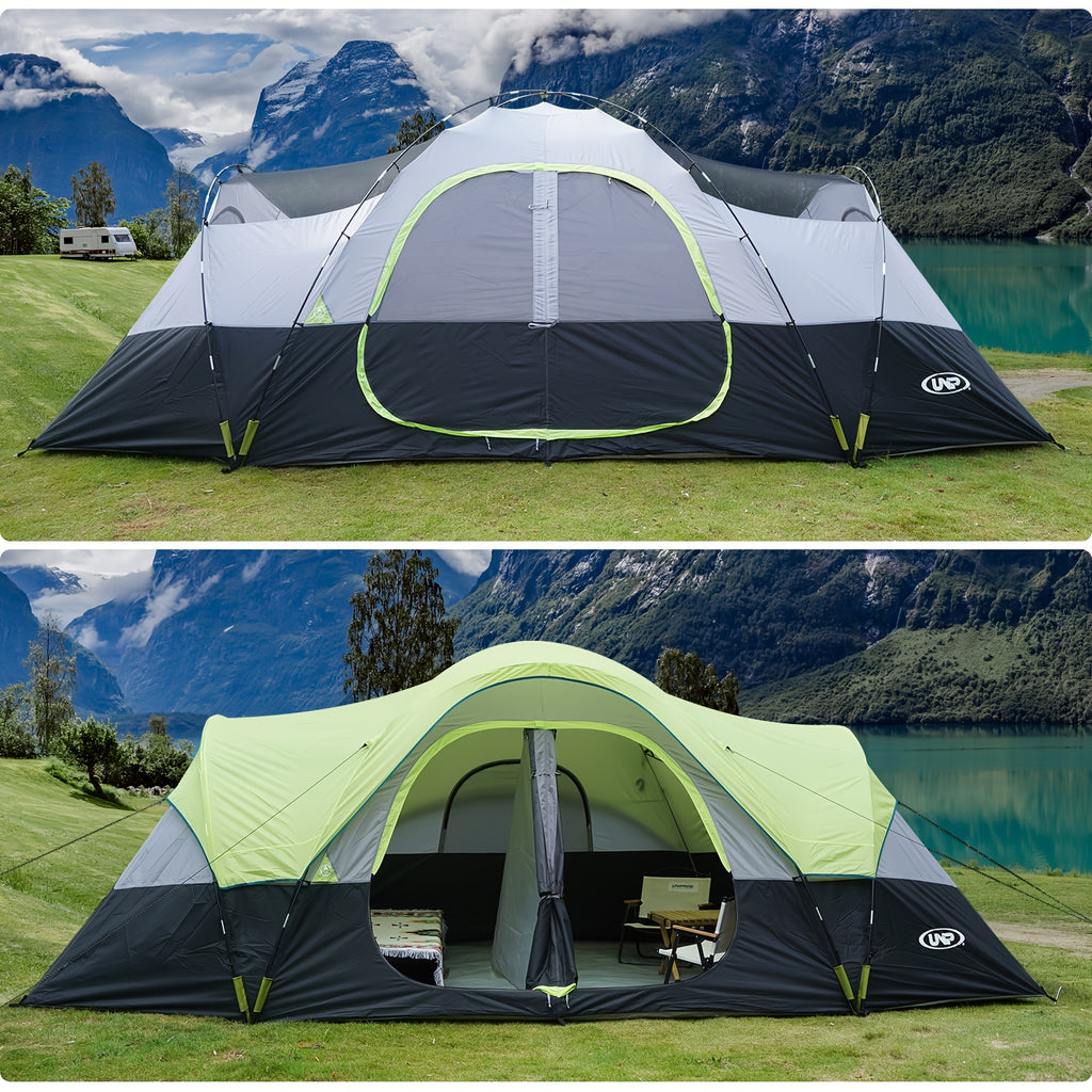 10-Person Double Layer Waterproof Big Camping Tent, UNP Family Tents with 5 Large Mesh Windows, 2 Room, 18ft x 9ft x78in, Easy Up, Weather Resistant