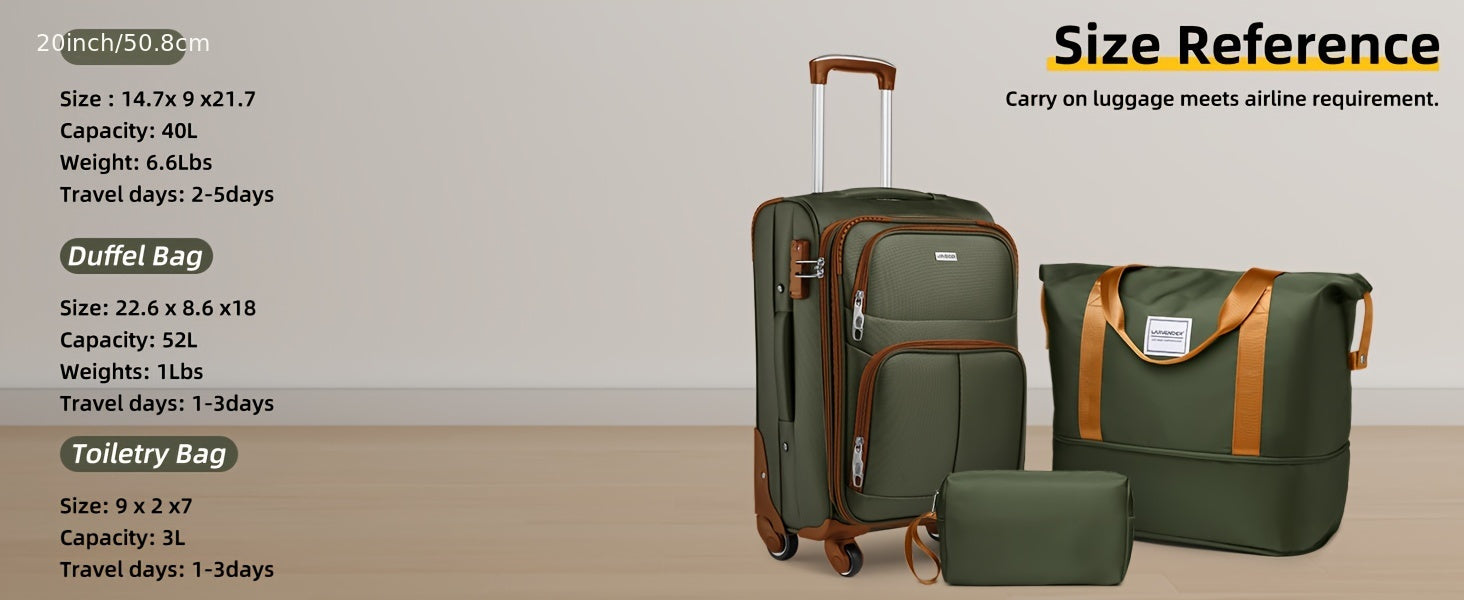 Soft Edge Luggage Set Of 3 Pieces, Expandable 20 Inch Carry On Luggage 22x14x9, Approved By The Airline, With TSA Lock Wheels, Lightweight Rolling Luggage For Men And Women, Green/brown