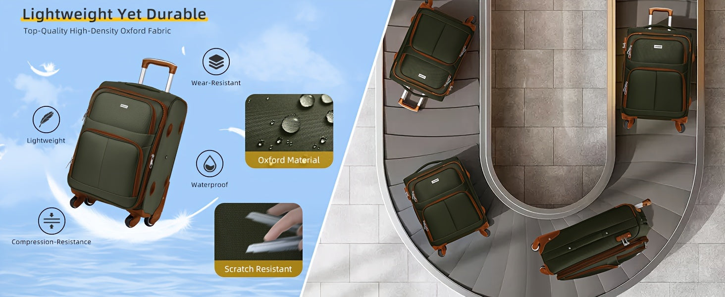 Soft Edge Luggage Set Of 3 Pieces, Expandable 20 Inch Carry On Luggage 22x14x9, Approved By The Airline, With TSA Lock Wheels, Lightweight Rolling Luggage For Men And Women, Green/brown