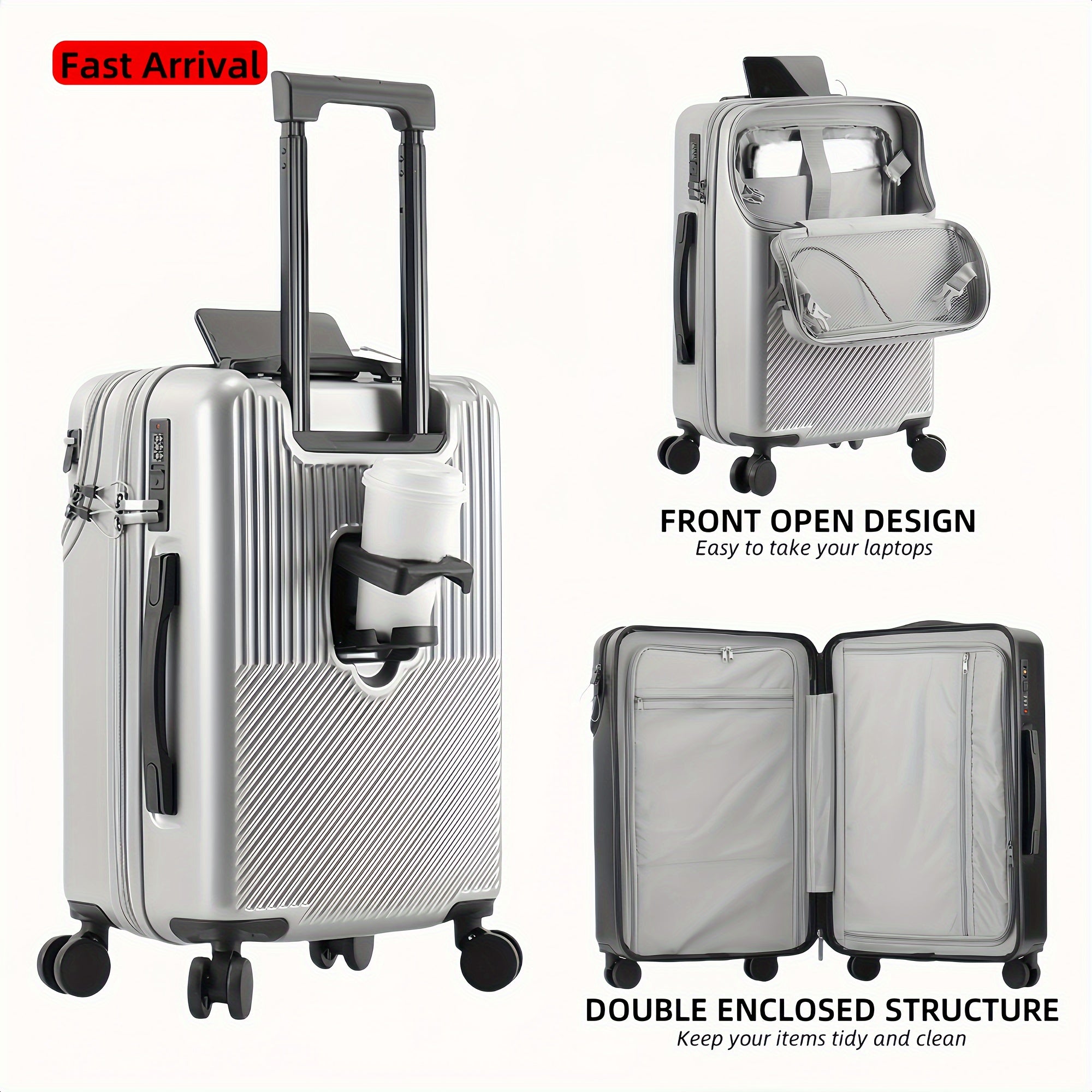 1pc 20/22/24/26 Inch Carry On Front Open Luggage, ABS+PC Suitcase, Travel Functional Boarding Case With Double Spinner Wheels, Lightweight Rolling Luggage With TSA Lock, Easy Maneuverability For Stress-Free Travel Experience