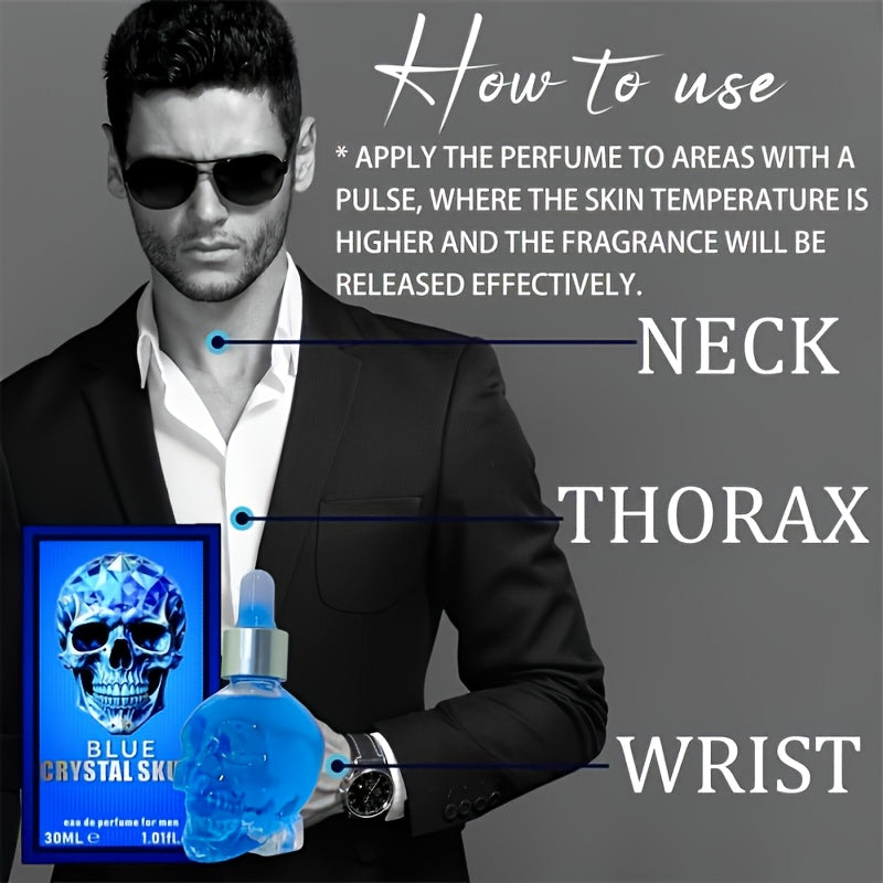 Blue Skull Men’s Cologne - 30ml/1.01fl.oz, Long-Lasting Woody Scent, Alcohol-Free Perfume Oil, Portable & Stylish Design for Business Trips or Everyday Use, Business Trip Cologne | Unique Cologne Bottle | Longlasting Scent