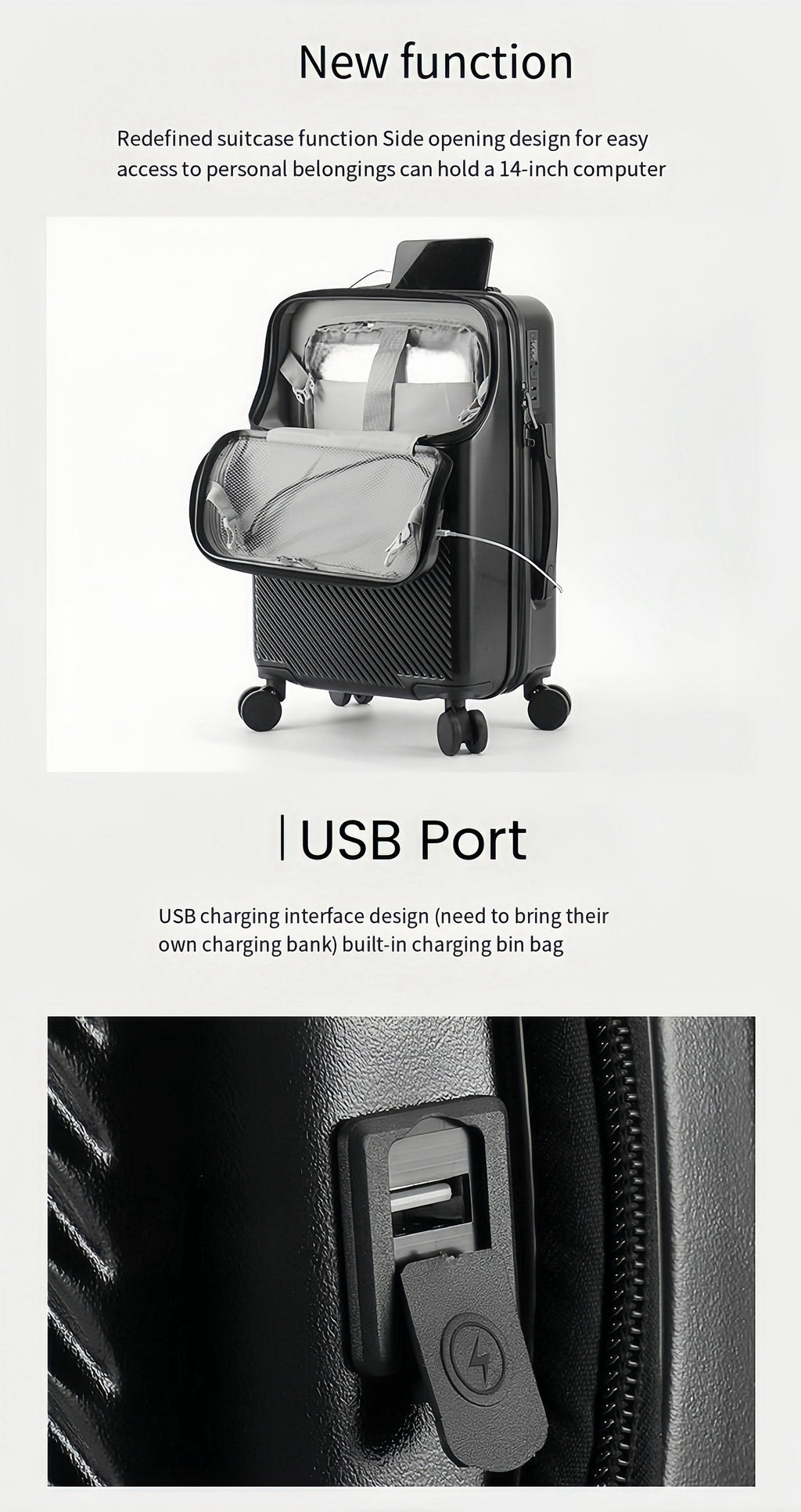 1pc 20/22/24/26 Inch Carry On Front Open Luggage, ABS+PC Suitcase, Travel Functional Boarding Case With Double Spinner Wheels, Lightweight Rolling Luggage With TSA Lock, Easy Maneuverability For Stress-Free Travel Experience