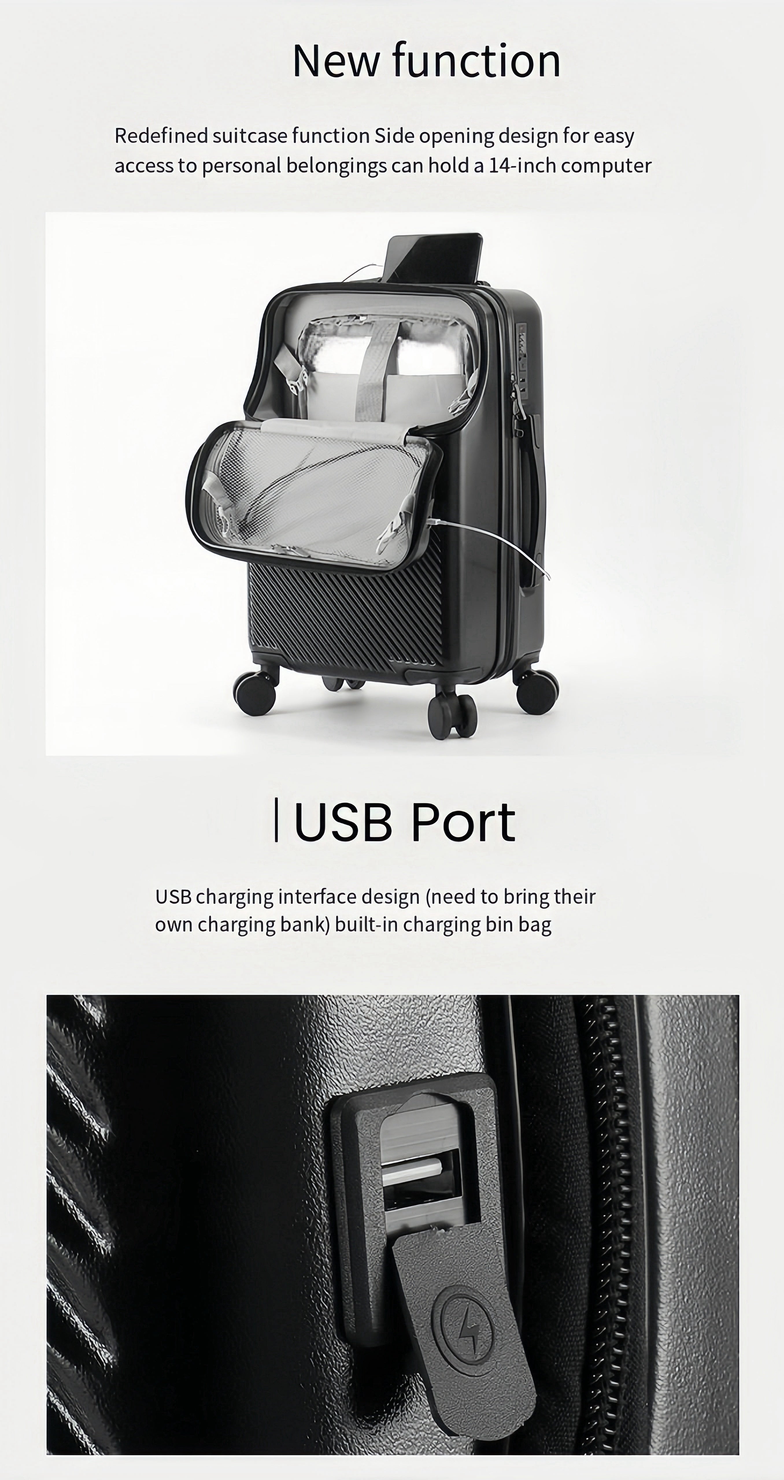 1pc 20/22/24/26 Inch Carry On Front Open Luggage, ABS+PC Suitcase, Travel Functional Boarding Case With Double Spinner Wheels, Lightweight Rolling Luggage With TSA Lock, Easy Maneuverability For Stress-Free Travel Experience