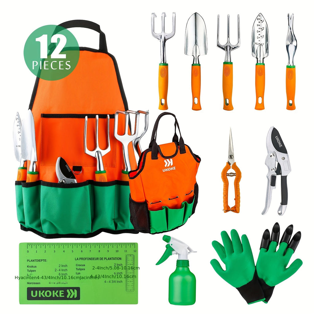 Garden Tool Set, 12 Piece Aluminum Hand Tool Kit, Garden Canvas Apron with Storage Pocket, Outdoor Tool, Heavy Duty Gardening Work Set with Ergonomic Handle, Gardening Tools for women men