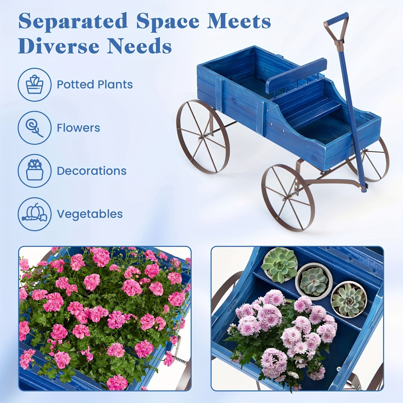 COSTWAY Blue Wooden Garden Planter Wagon with Metal Wheels – Sturdy Fir Wood Flower Bed with Dual Planting Areas, Decorative Handles, and User Guide for Patio, Yard, or Balcony, Balcony Plant Bed | Plant Cultivation Tool |