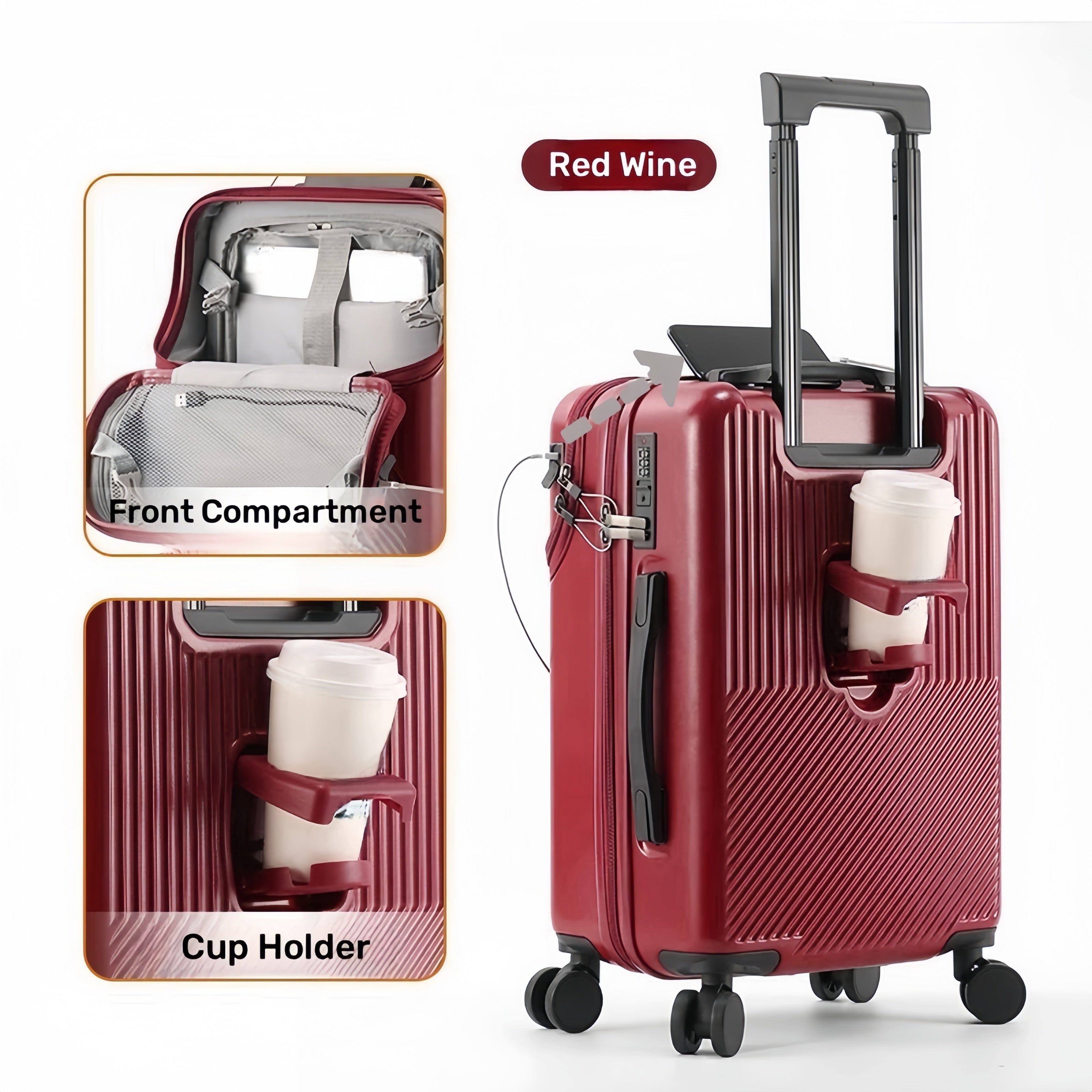 1pc 20/22/24/26 Inch Carry On Front Open Luggage, ABS+PC Suitcase, Travel Functional Boarding Case With Double Spinner Wheels, Lightweight Rolling Luggage With TSA Lock, Easy Maneuverability For Stress-Free Travel Experience