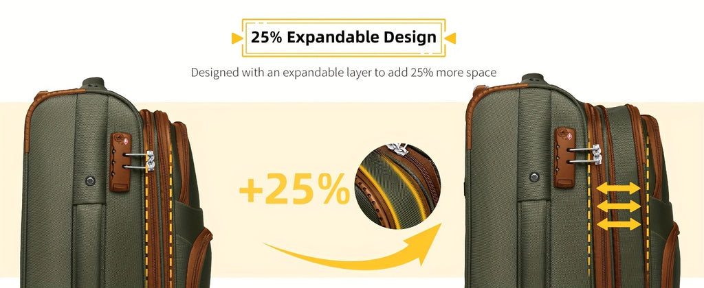 Soft Edge Luggage Set Of 3 Pieces, Expandable 20 Inch Carry On Luggage 22x14x9, Approved By The Airline, With TSA Lock Wheels, Lightweight Rolling Luggage For Men And Women, Green/brown