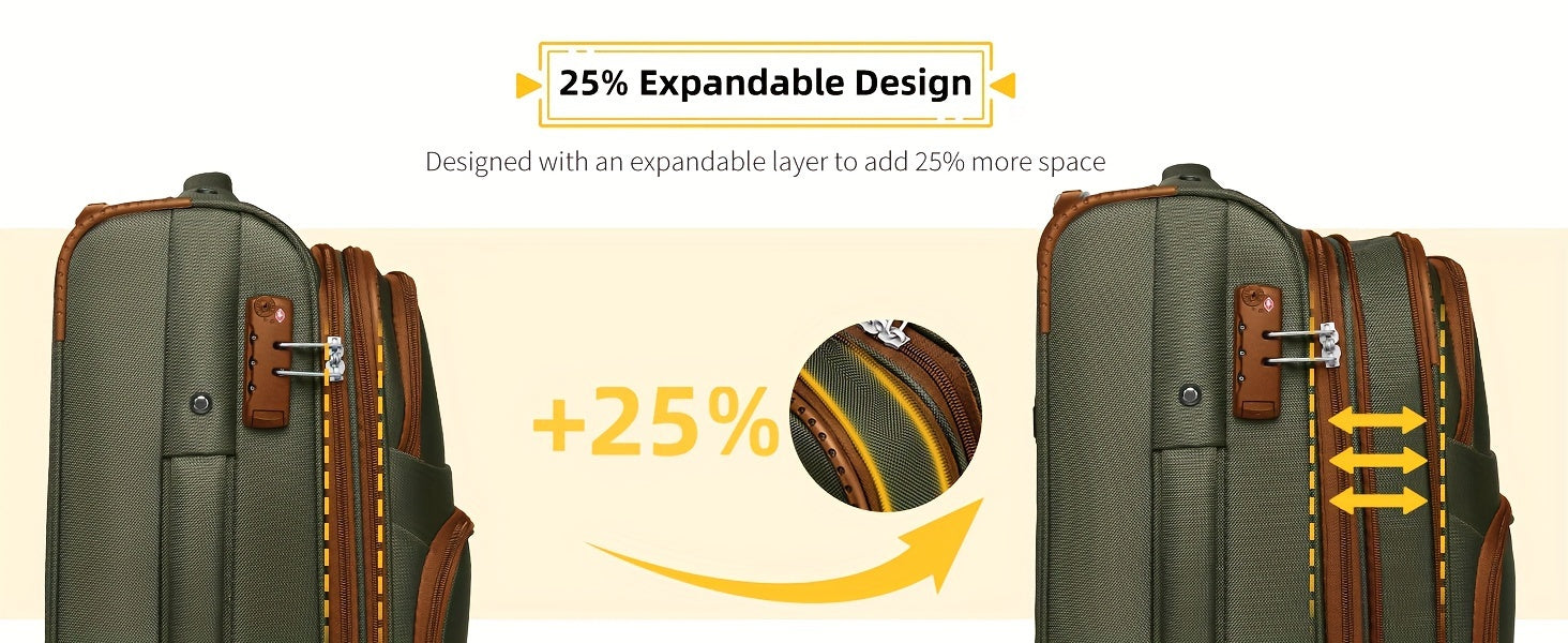 Soft Edge Luggage Set Of 3 Pieces, Expandable 20 Inch Carry On Luggage 22x14x9, Approved By The Airline, With TSA Lock Wheels, Lightweight Rolling Luggage For Men And Women, Green/brown