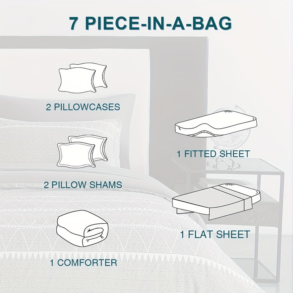 Lekesky 7 Pieces Queen Comforter Set Gray Boho Comforter for Queen Size Bed with 2 Sides Pockets, Bed in a Bag Queen with Flat Sheet and Fitted Sheet, Pillowcases & Shams