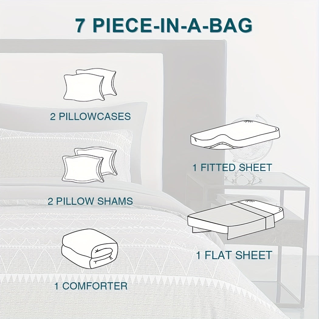 Lekesky 7 Pieces Queen Comforter Set Gray Boho Comforter for Queen Size Bed with 2 Sides Pockets, Bed in a Bag Queen with Flat Sheet and Fitted Sheet, Pillowcases & Shams