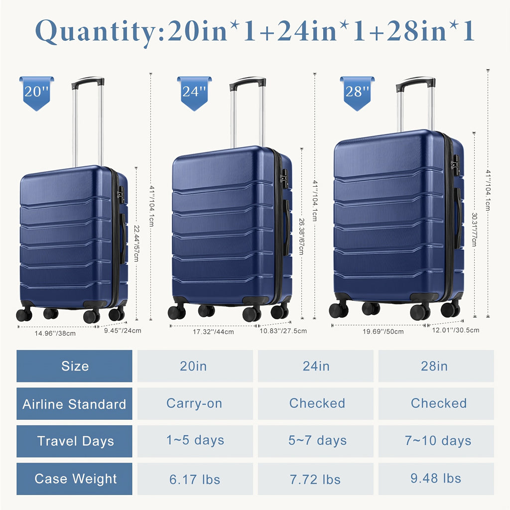 20/24/28 Inch Lightweight Hard Shell ABS Carry On Luggage with Double Spinner Wheels, Expandable Rolling Luggage and TSA Lock