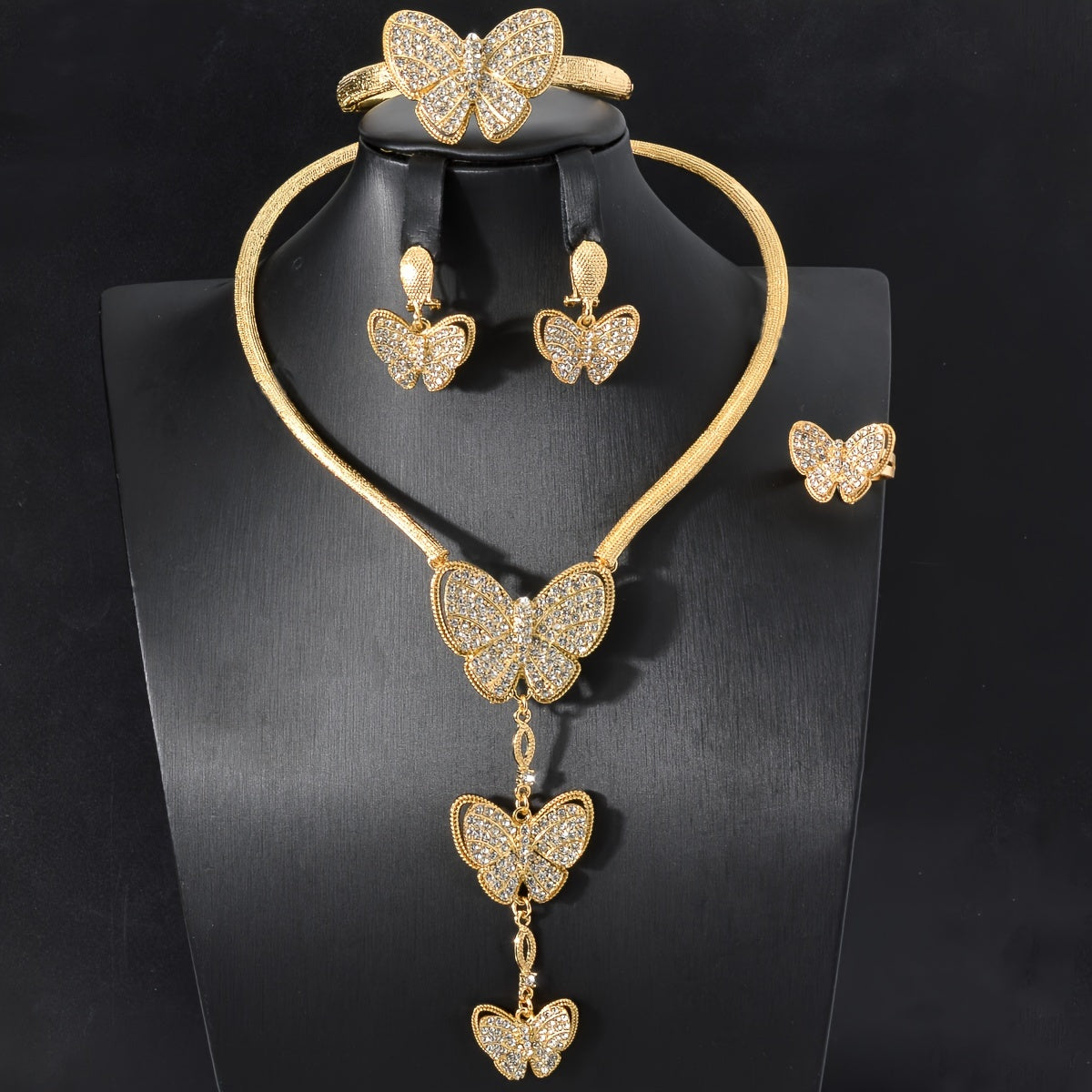 1-Set Exquisite Copper Golden Butterfly Jewelry Set for Women - Necklace, Bangle, Ring, Earrings with Pendant - Perfect Gift for Wedding, Party, Birthday, Anniversary, and Daily Wear