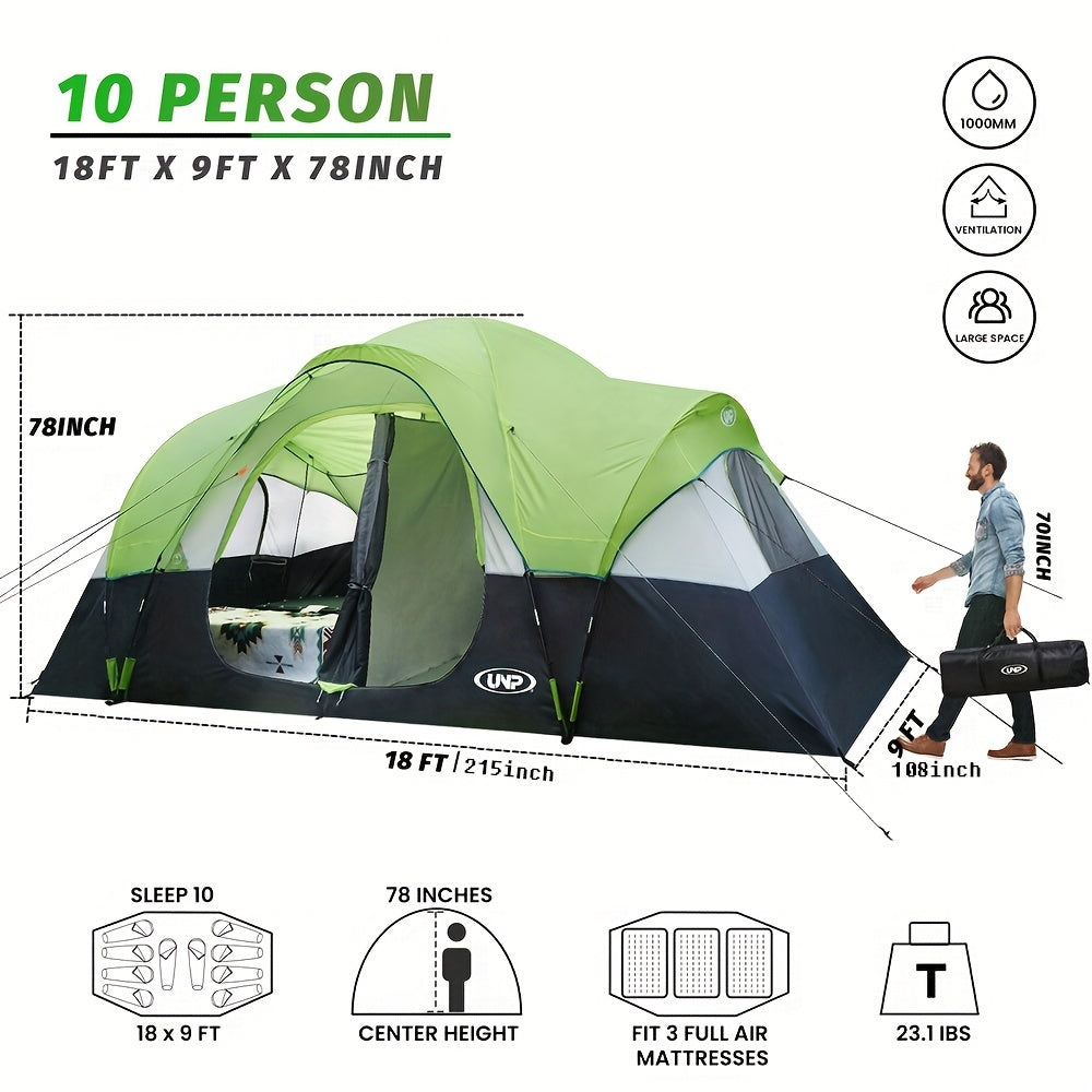 10-Person Double Layer Waterproof Big Camping Tent, UNP Family Tents with 5 Large Mesh Windows, 2 Room, 18ft x 9ft x78in, Easy Up, Weather Resistant