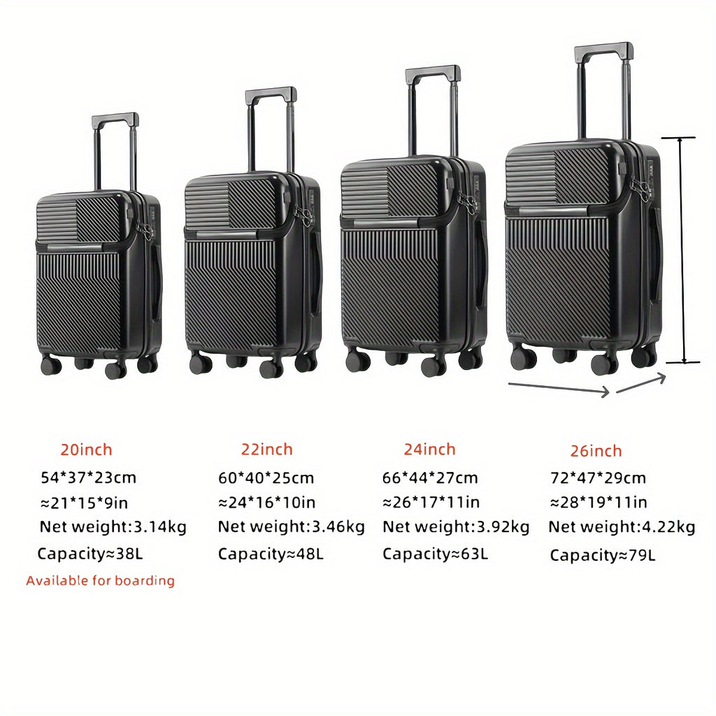 1pc 20/22/24/26 Inch Carry On Front Open Luggage, ABS+PC Suitcase, Travel Functional Boarding Case With Double Spinner Wheels, Lightweight Rolling Luggage With TSA Lock, Easy Maneuverability For Stress-Free Travel Experience