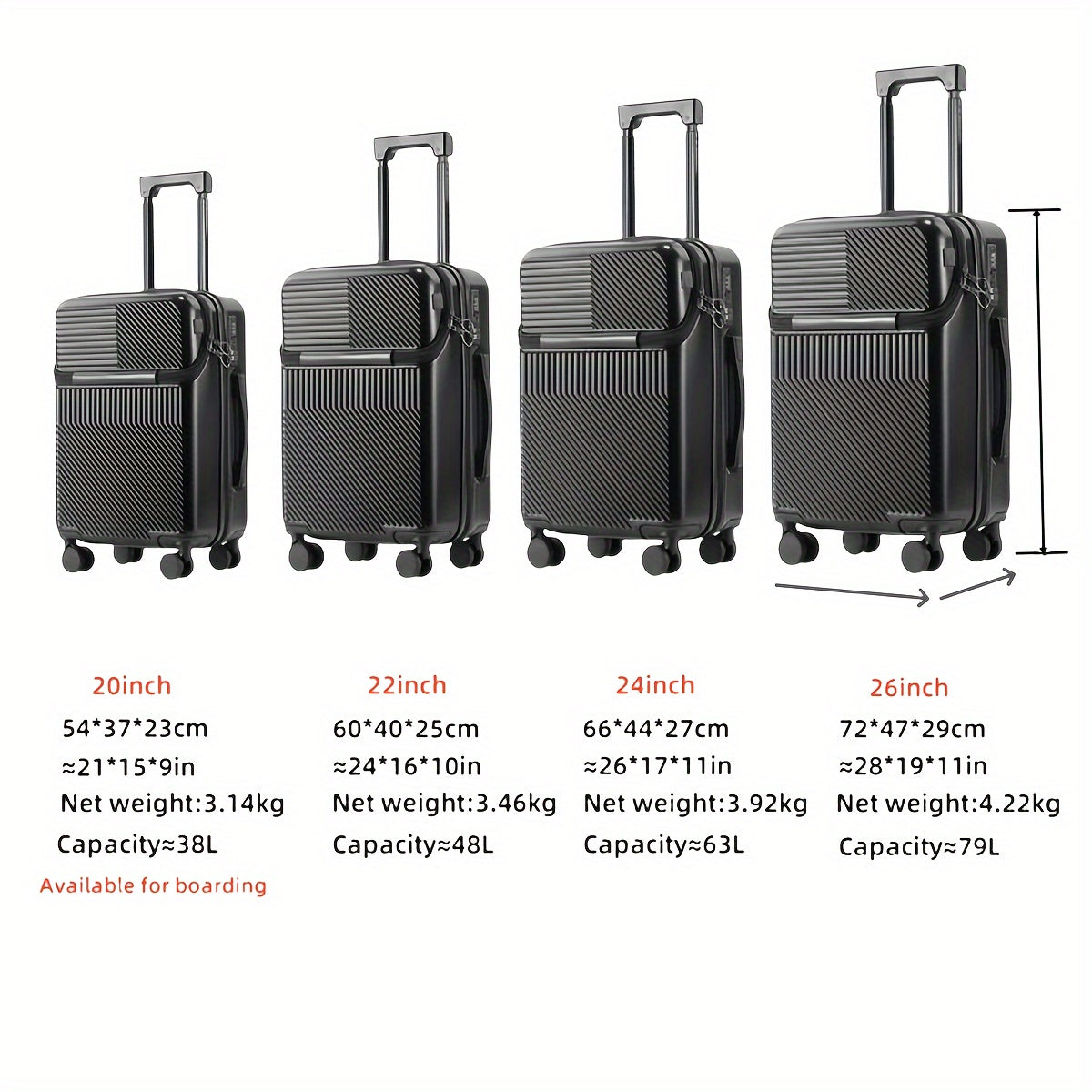 1pc 20/22/24/26 Inch Carry On Front Open Luggage, ABS+PC Suitcase, Travel Functional Boarding Case With Double Spinner Wheels, Lightweight Rolling Luggage With TSA Lock, Easy Maneuverability For Stress-Free Travel Experience