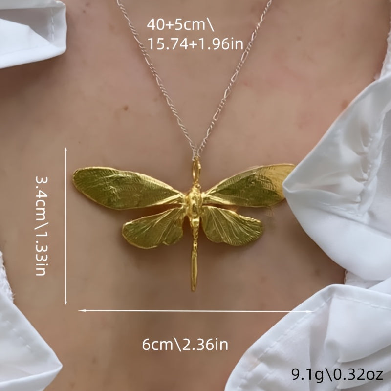 1pc Retro Bohemian Style Large Dragonfly Pendant Silvery Metal Men and Women Necklace 40+1.97inch Suitable for Daily Gift Giving Couples