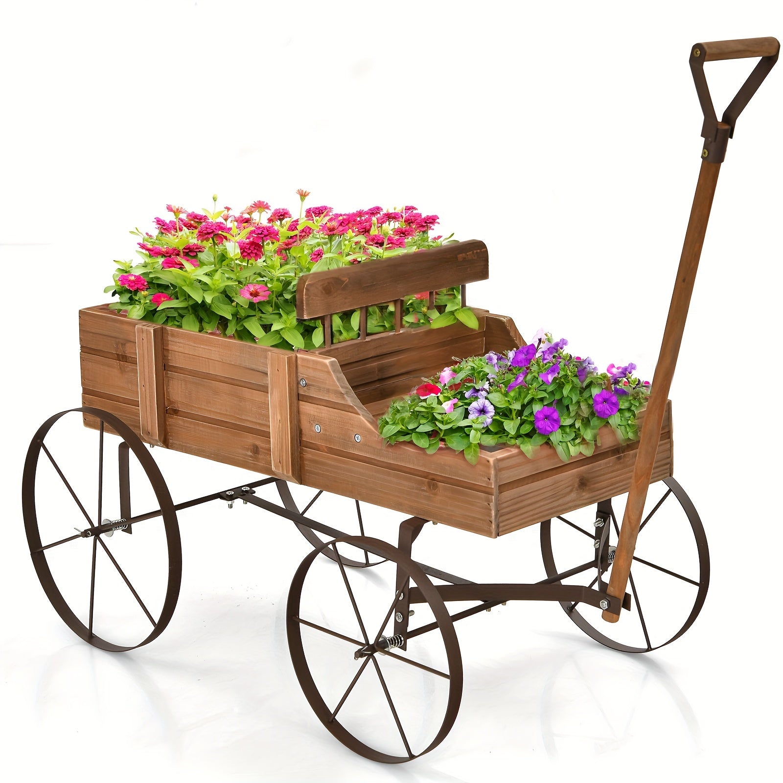 COSTWAY Blue Wooden Garden Planter Wagon with Metal Wheels – Sturdy Fir Wood Flower Bed with Dual Planting Areas, Decorative Handles, and User Guide for Patio, Yard, or Balcony, Balcony Plant Bed | Plant Cultivation Tool |