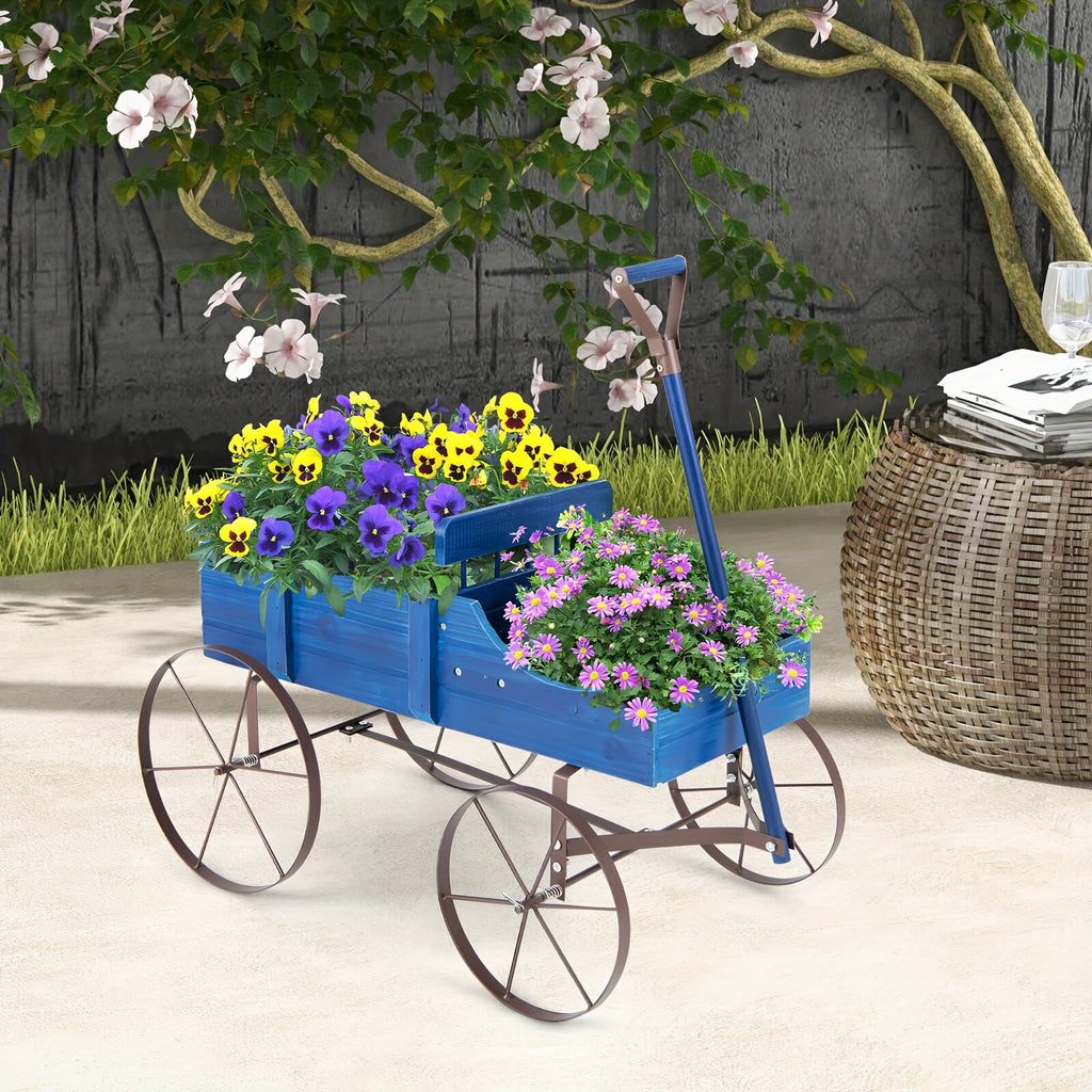 COSTWAY Blue Wooden Garden Planter Wagon with Metal Wheels – Sturdy Fir Wood Flower Bed with Dual Planting Areas, Decorative Handles, and User Guide for Patio, Yard, or Balcony, Balcony Plant Bed | Plant Cultivation Tool |