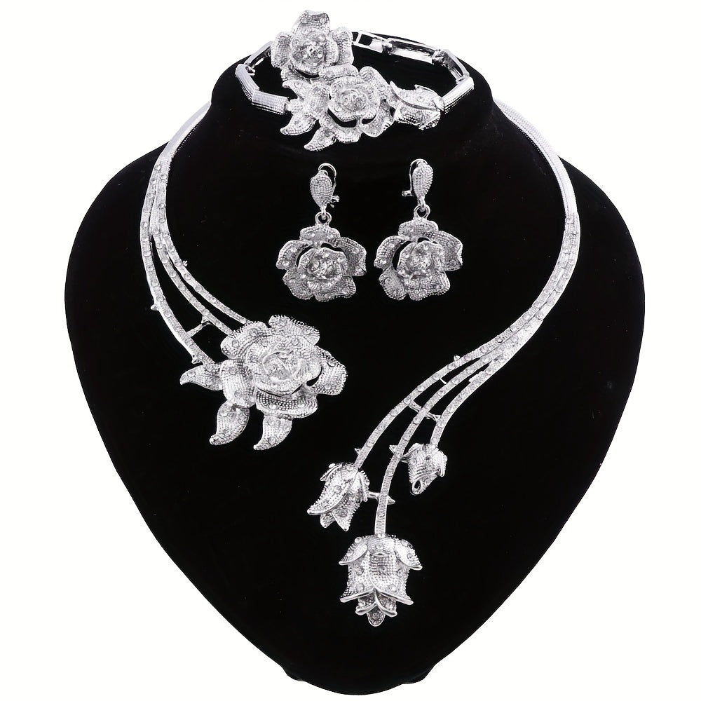 Elegant Rose Flower Rhinestone Jewelry Set for Women - Necklace, Earrings, And Ring for Weddings & Parties, Luxurious Floral Design