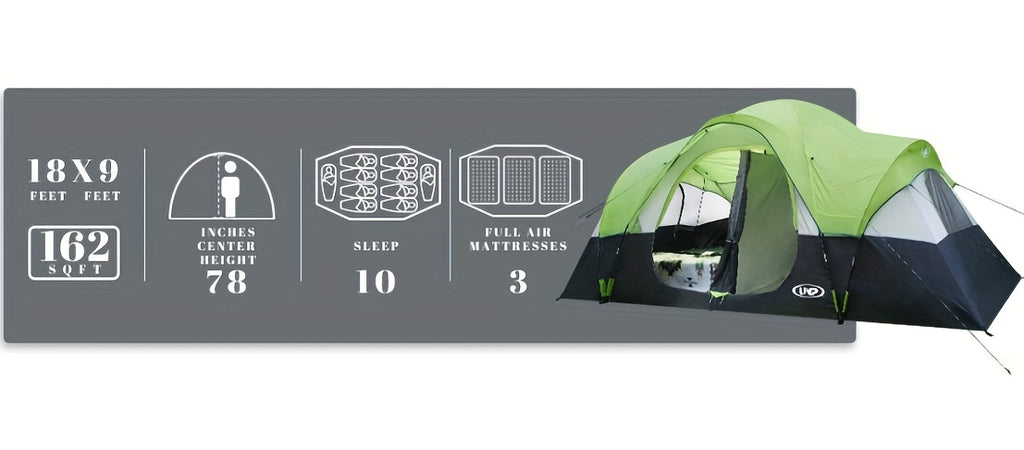 10-Person Double Layer Waterproof Big Camping Tent, UNP Family Tents with 5 Large Mesh Windows, 2 Room, 18ft x 9ft x78in, Easy Up, Weather Resistant