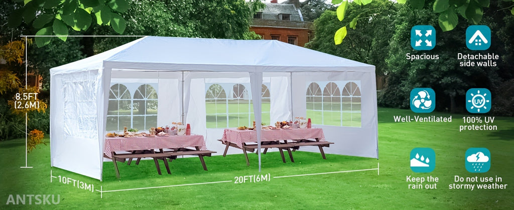 ANTSKU 10'x20' Outdoor Party Tent, Large Wedding Birthday Tents for Parties, White Canopy Tent with 4 Removable Sidewalls & Transparent Windows, Outside Gazebo Event Tent for Garden, Patio and Backyard
