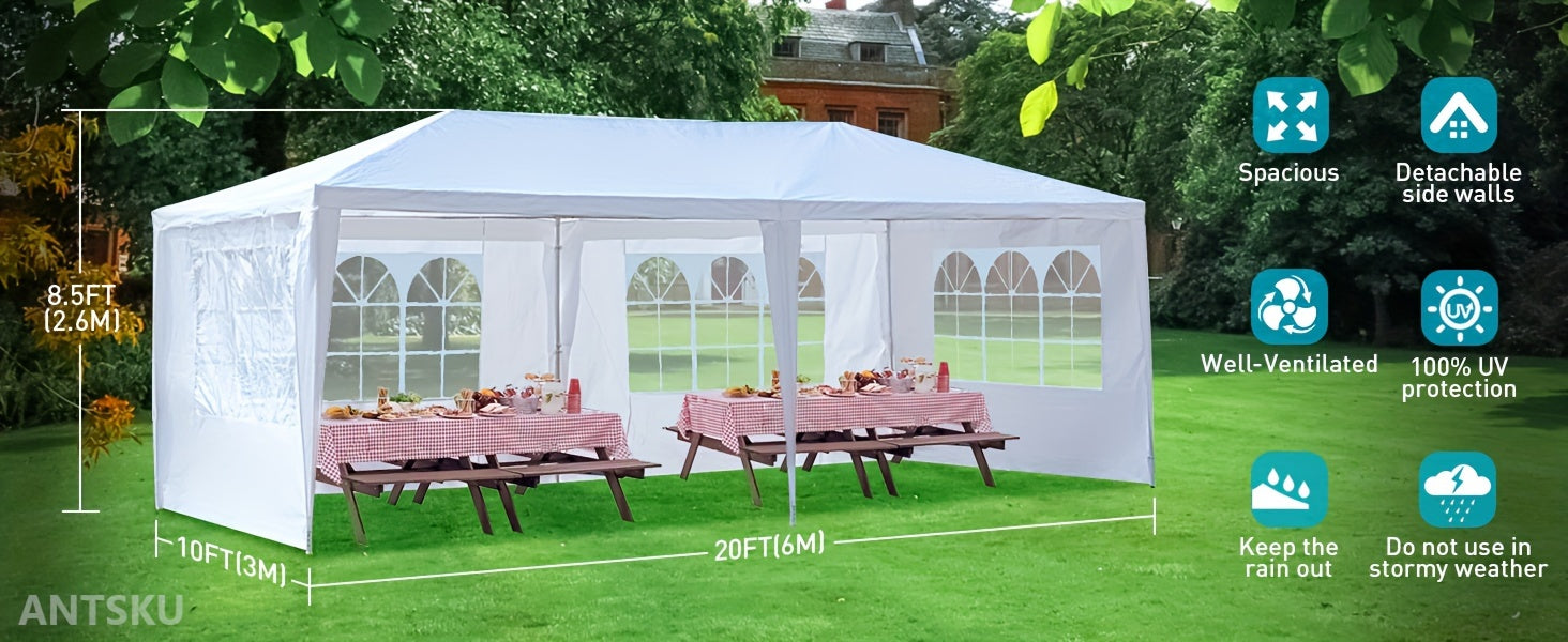 ANTSKU 10'x20' Outdoor Party Tent, Large Wedding Birthday Tents for Parties, White Canopy Tent with 4 Removable Sidewalls & Transparent Windows, Outside Gazebo Event Tent for Garden, Patio and Backyard