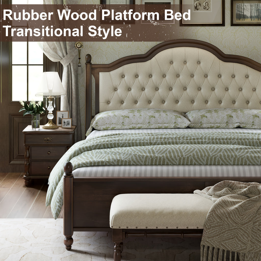 Queen Size Bed Frame Made of Solid Wood, Elegant Platform Bed Featuring a 52.5" Upholstered and Tufted Headboard, Perfect for Transitional Style Bedrooms