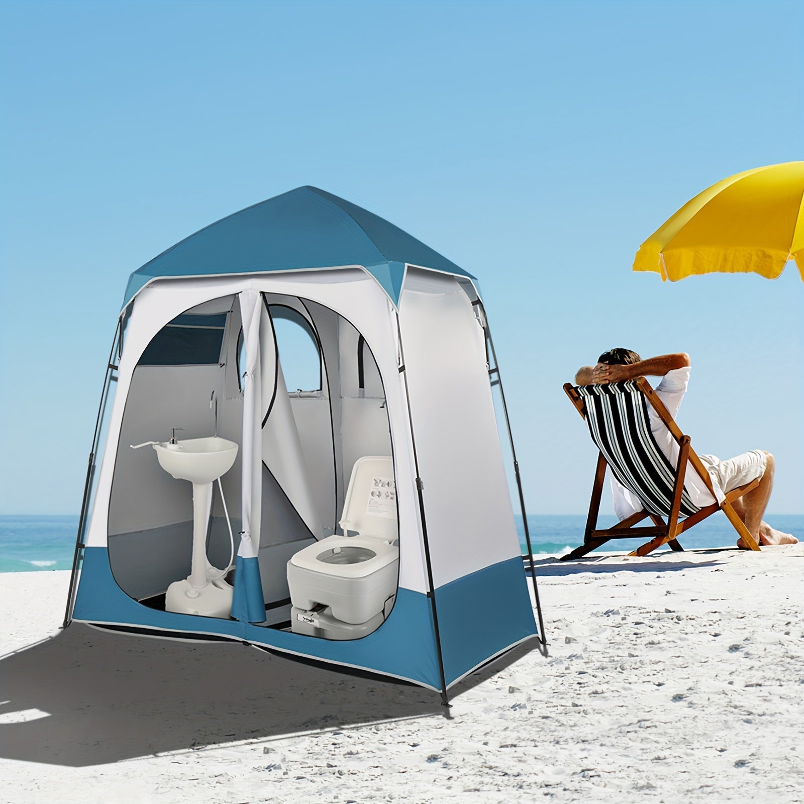2-Person Pop-Up Dressing Tent - Portable Bathroom Shelter with Toilet, Lightweight Oxford Cloth Changing Tent for Camping, Beach, RV - Easy Setup Outdoor Privacy Tent (Blue/White), Tents for Outside Party, High Quality Cover